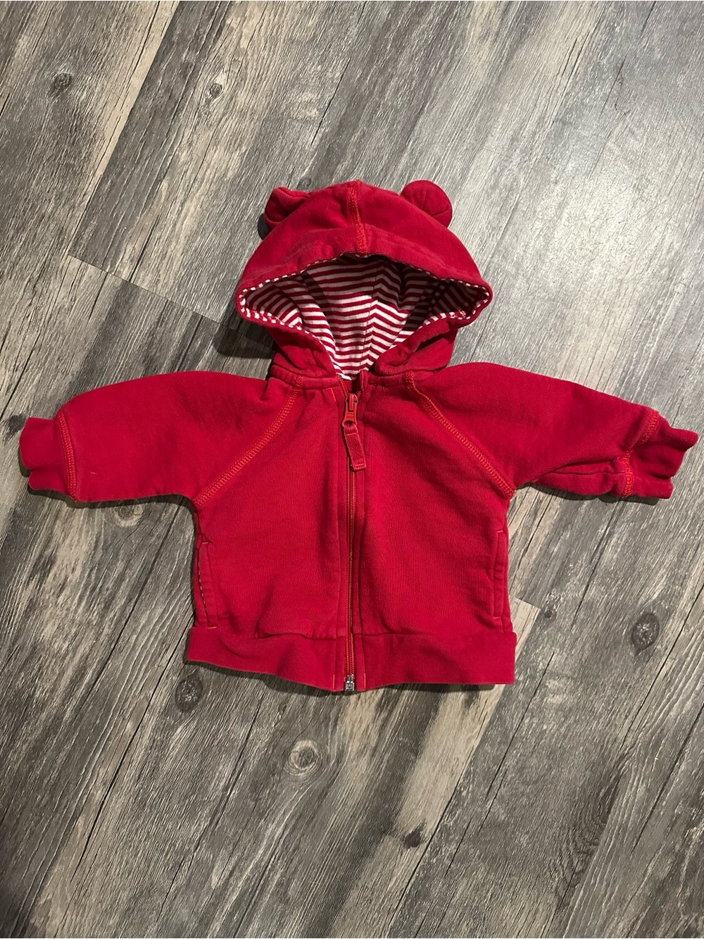 Hanna Andersson Red Baby Zip Hoodie with Striped Hood Lining